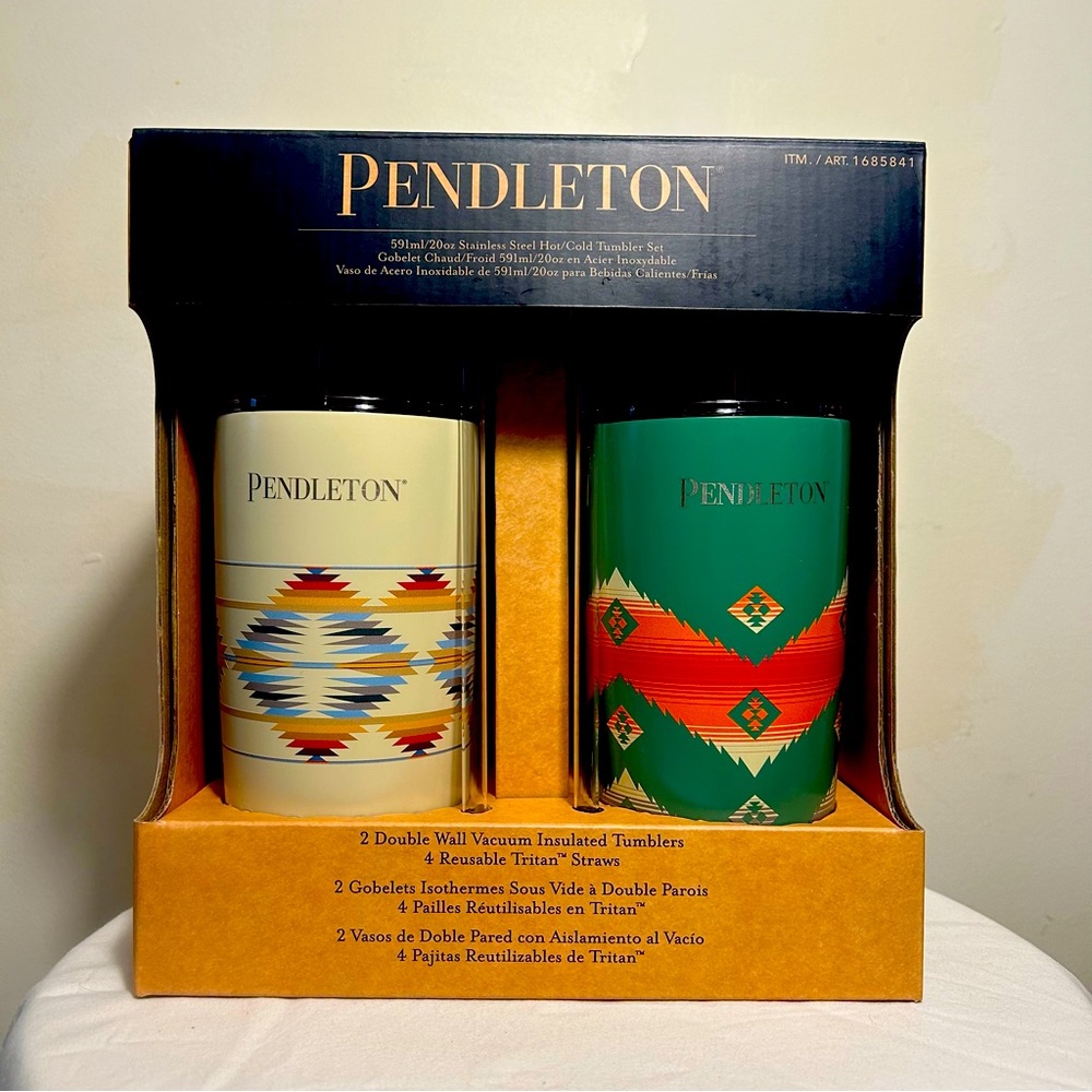 Pendleton Two 20oz Tumblers Hot/Cold Set with Lids and 4 Reusable Straws NET